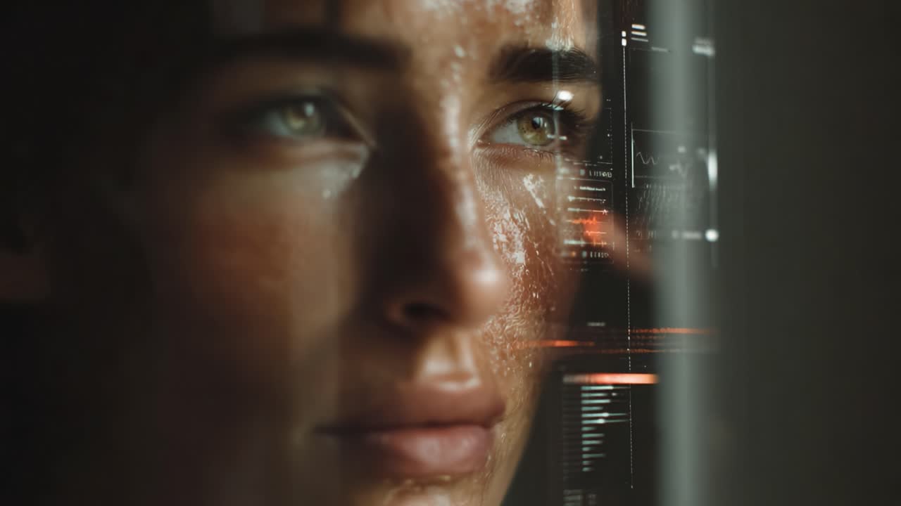 A Close-Up Portrait of a Thoughtful Individual Gazing at Digital Data Visualizations, Reflecting a Blend of Emotion and Technology in a Futuristic Setting