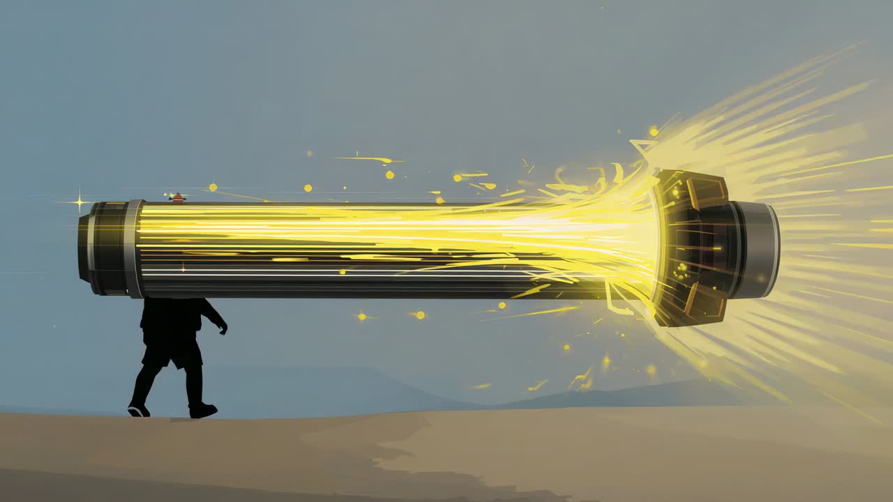 Emerging from left, silhouette in dark jacket passing under cylinder on plain with glowing beam