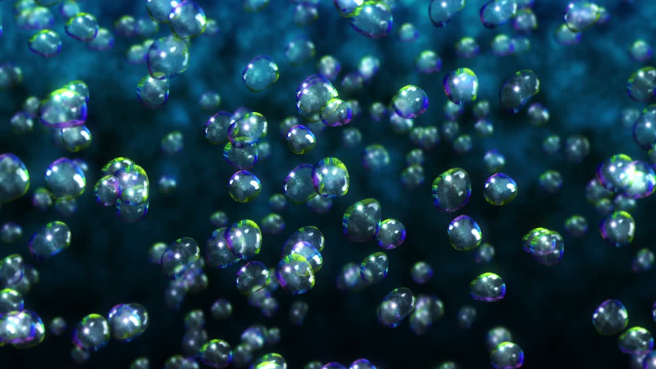 volando muchas gotas de agua en fondo negro. gotas puras. superficie transparente. animación 3d de burbujas de aire girando. animación de bucle.