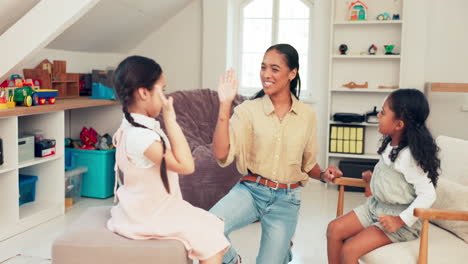 high five, learning and mother with children