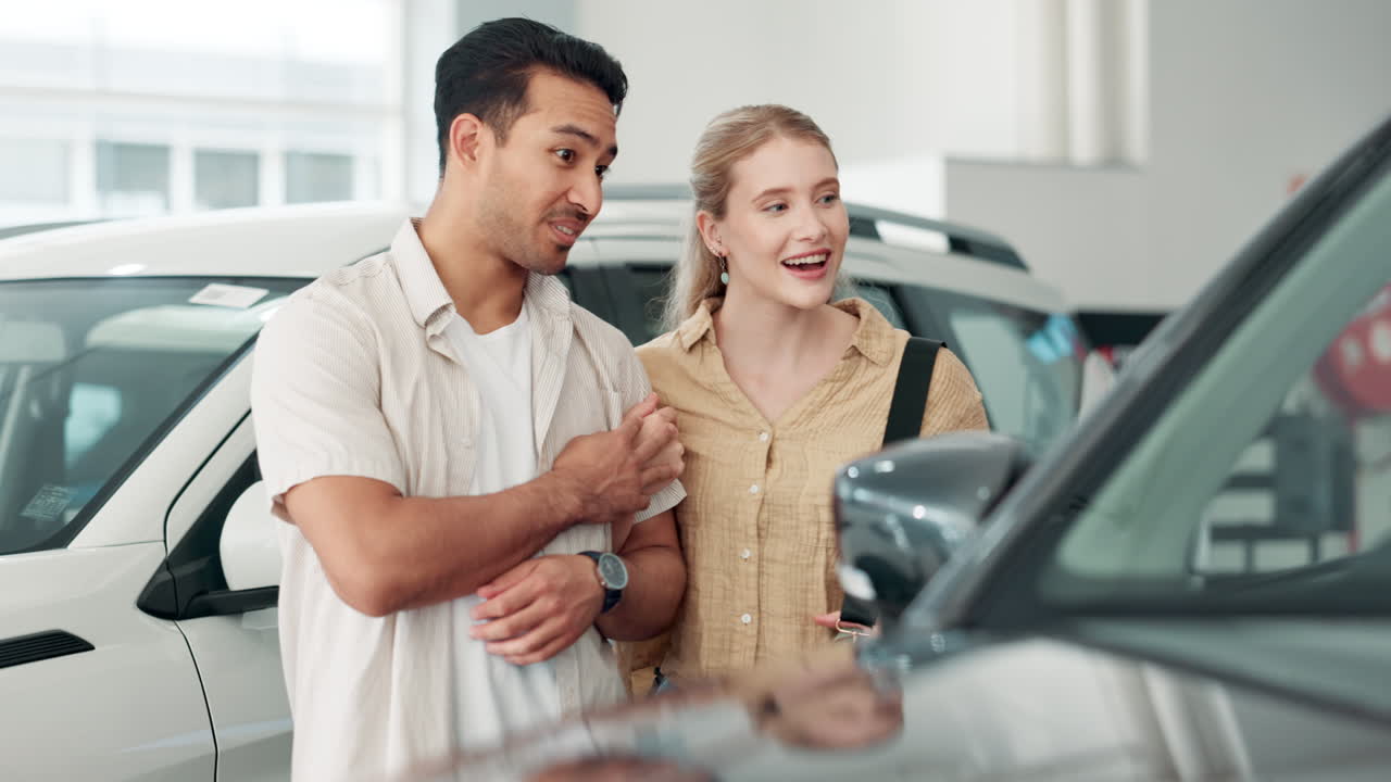 Happy couple buying a new car at a dealership