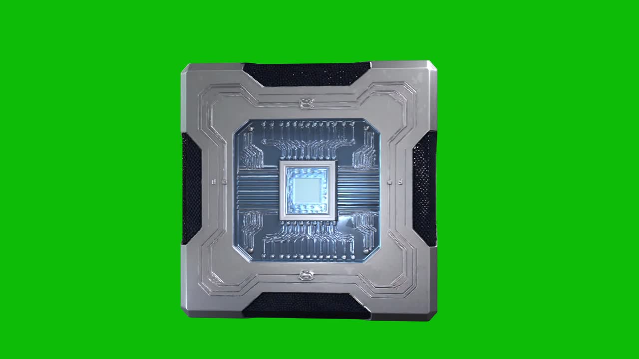 Design futuristico di un cubo quantico sci-fi in 3D 01, con pannelli metallici, schemi di circuiti incorporati, rotazione di 360 gradi, isolato su schermo verde. Ideale per IA, quantum computing e concetti sci-fi.
