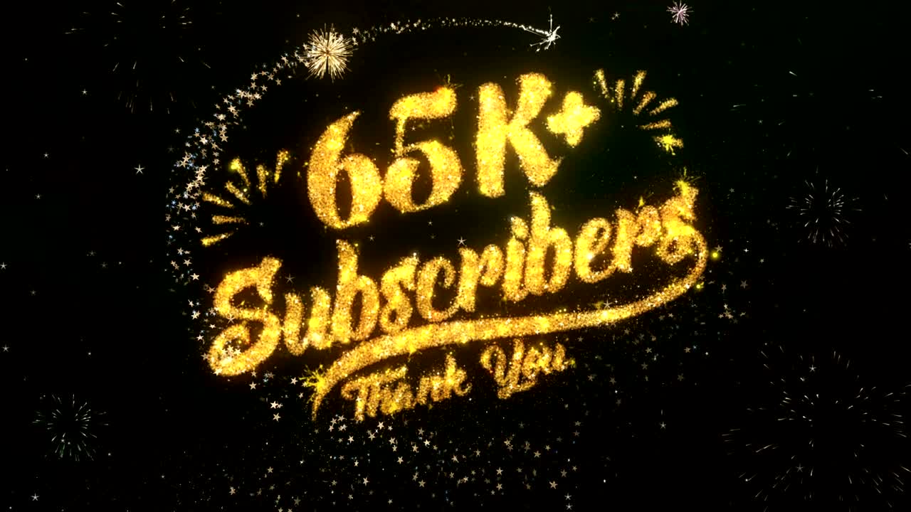 65k 가입자 인사 및 소원 카드는 반이는 입자 및 반이는 빛의 어두운 밤 하늘과 다채로운 불꽃놀이 4k 배경으로 만들어졌습니다.