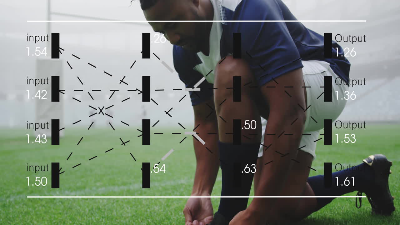 Football player tying shoelaces with data processing animation overlay in background