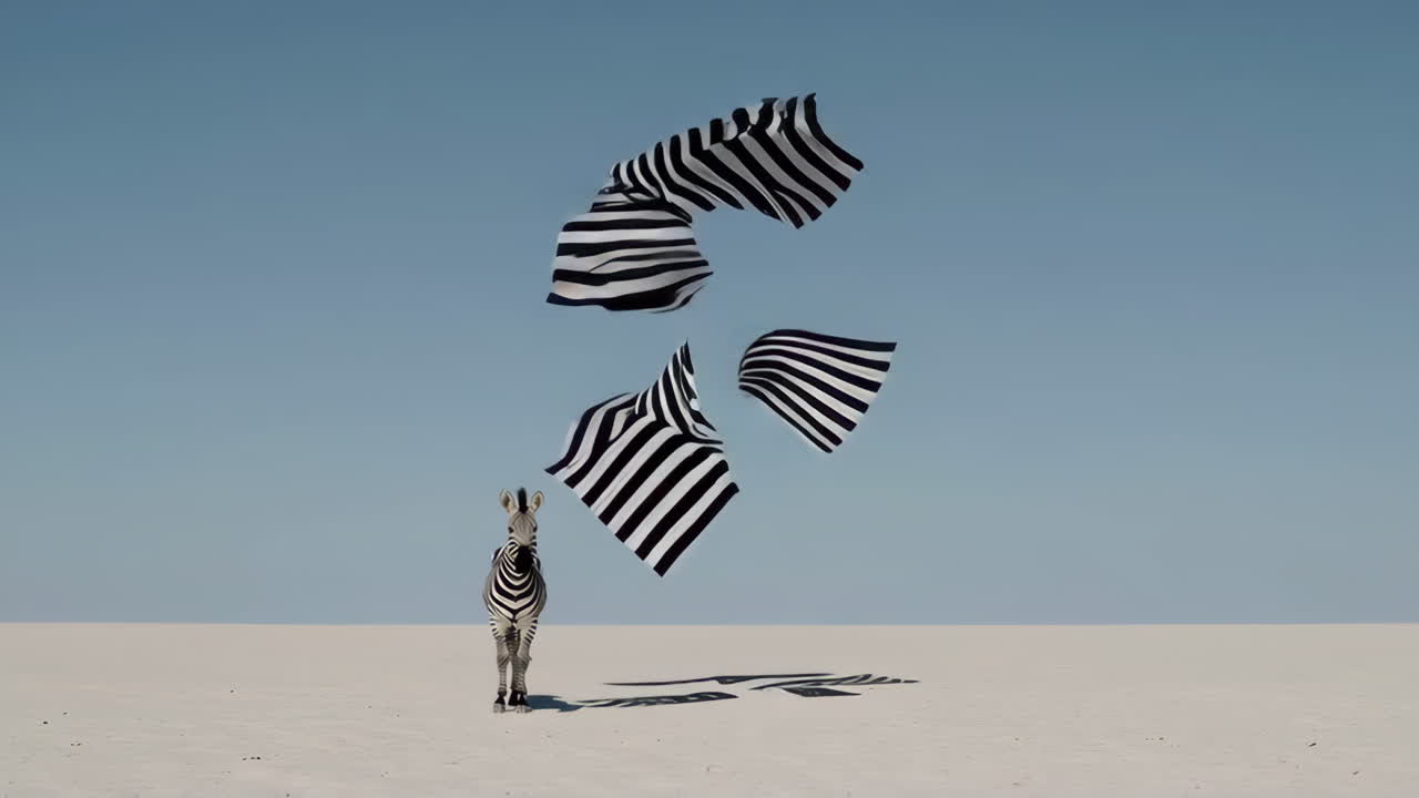 Zebra with Floating Striped Forms in a Desolate Landscape