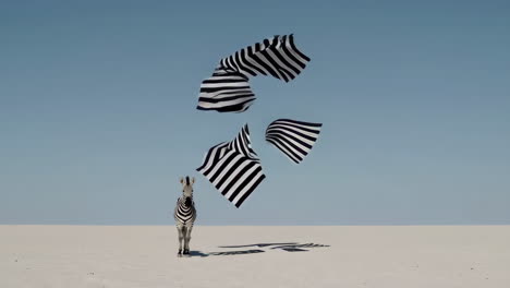 zebra with floating striped forms in a desolate landscape