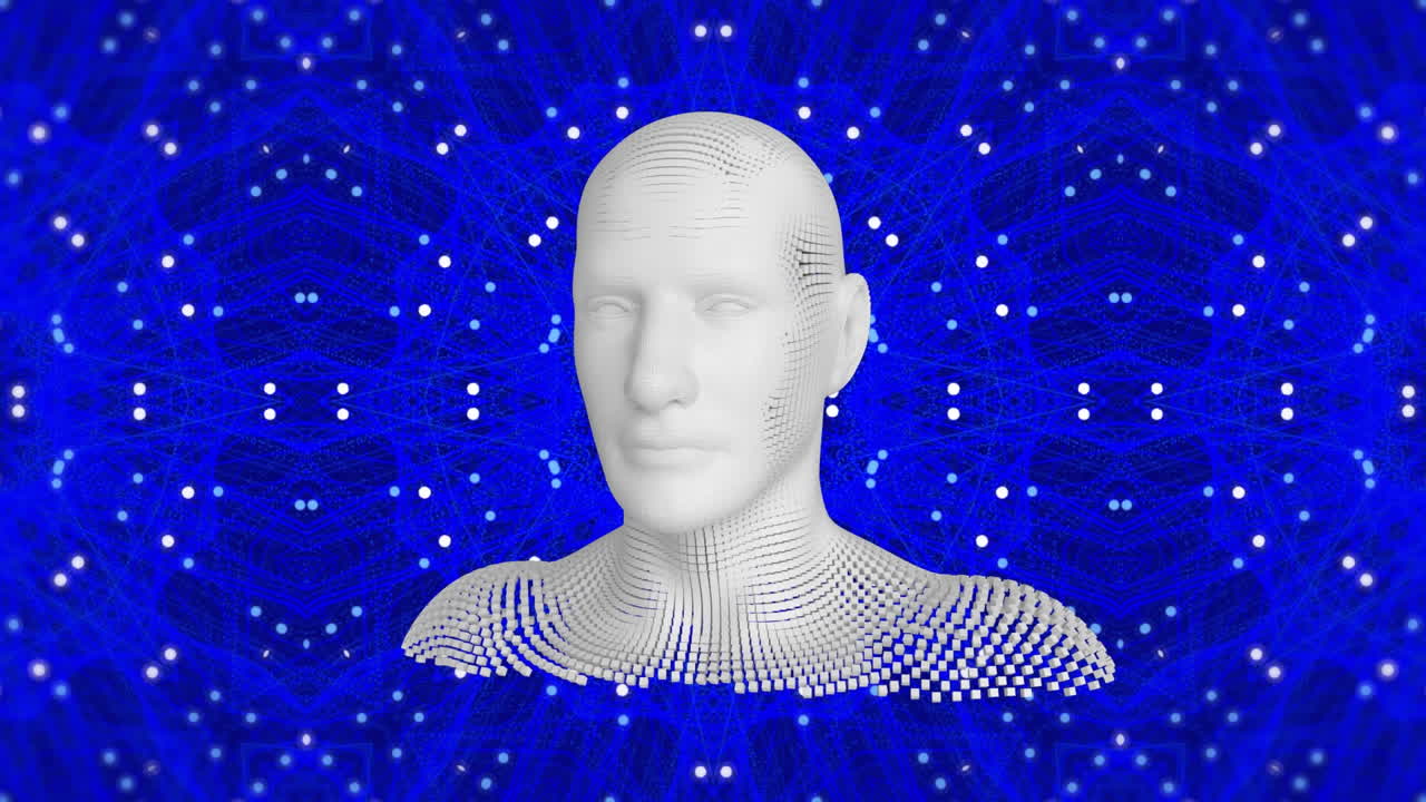 animación de una cabeza humana formada con partículas explosivas sobre un fondo de patrón de caleidoscopio azul