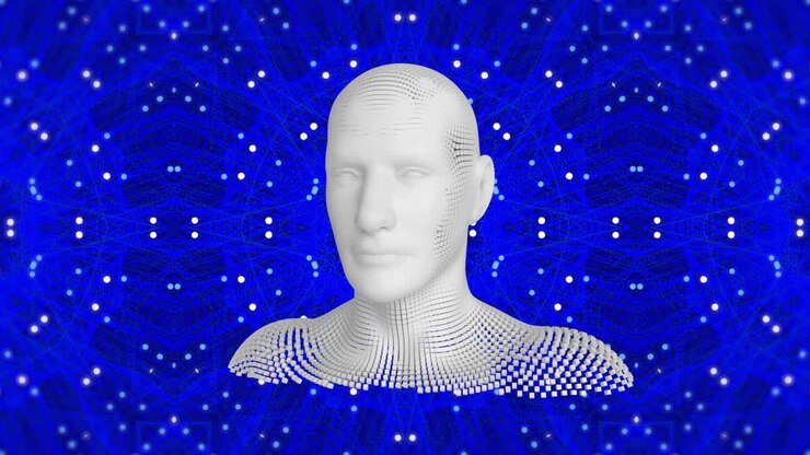 Animation of human head formed with exploding particles over blue kaleidoscope pattern background