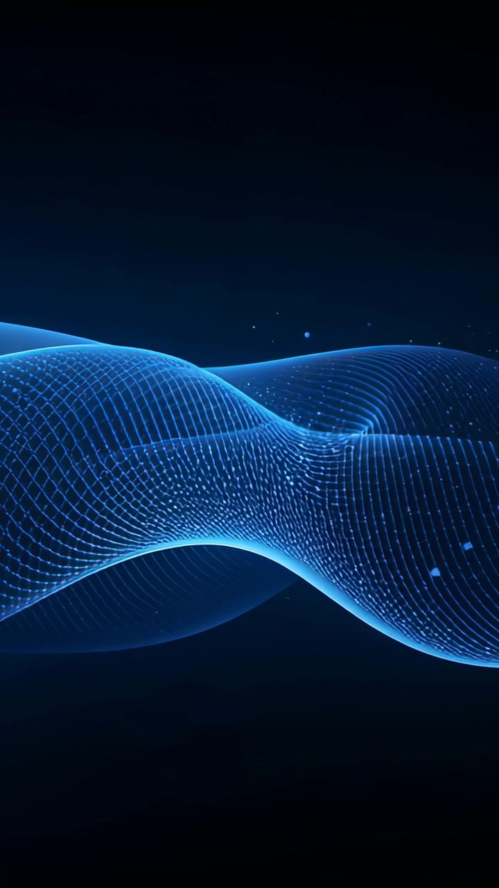 Vertical video: Play starting blue mesh wave waving over navy backdrop, scattering glowing specks