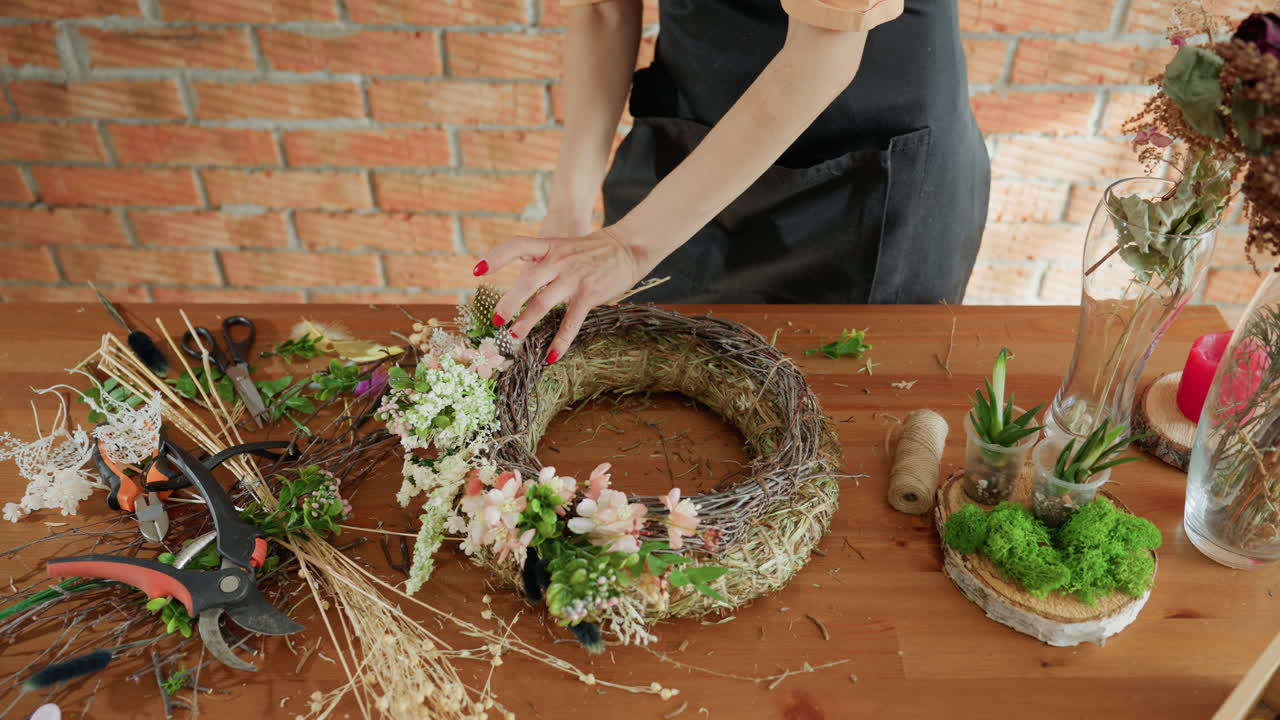 Female florist in black apron arranging flowers on rustic wreath with scissors, twigs, and greenery on wooden table, creating handmade floral decoration with natural elements in cozy workshop setting