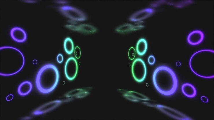 Animação de círculos de luz neon multicoloridos piscando em fundo preto