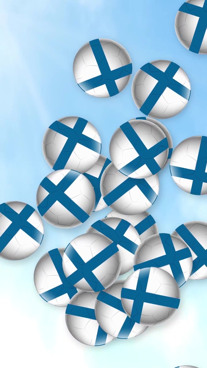 Fodbolde med finsk flagmønster falder ned mod en blå himmel