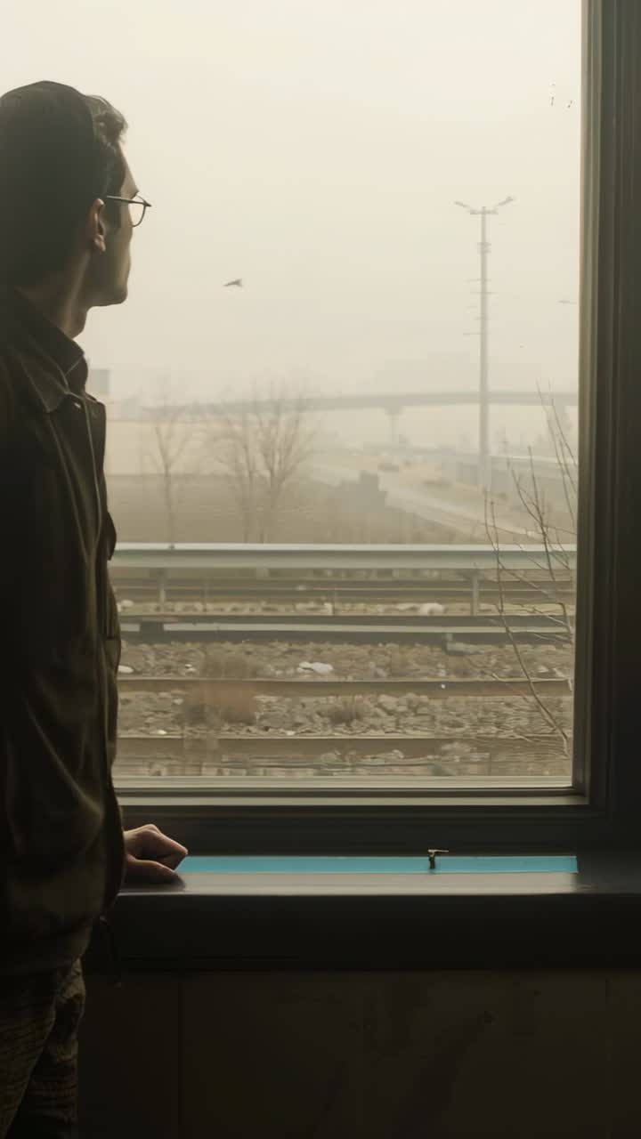 Vertical video: Watching man in jacket at window reacting to bird, adjusting earbud, copy space