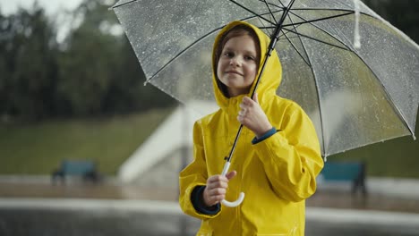 Portrait-of-a-teenage-girl-in-a-yellow-jacket-holding-an-umbrella-on-which-drops-of-water-are-rolling-during-the-rain-in-the-park