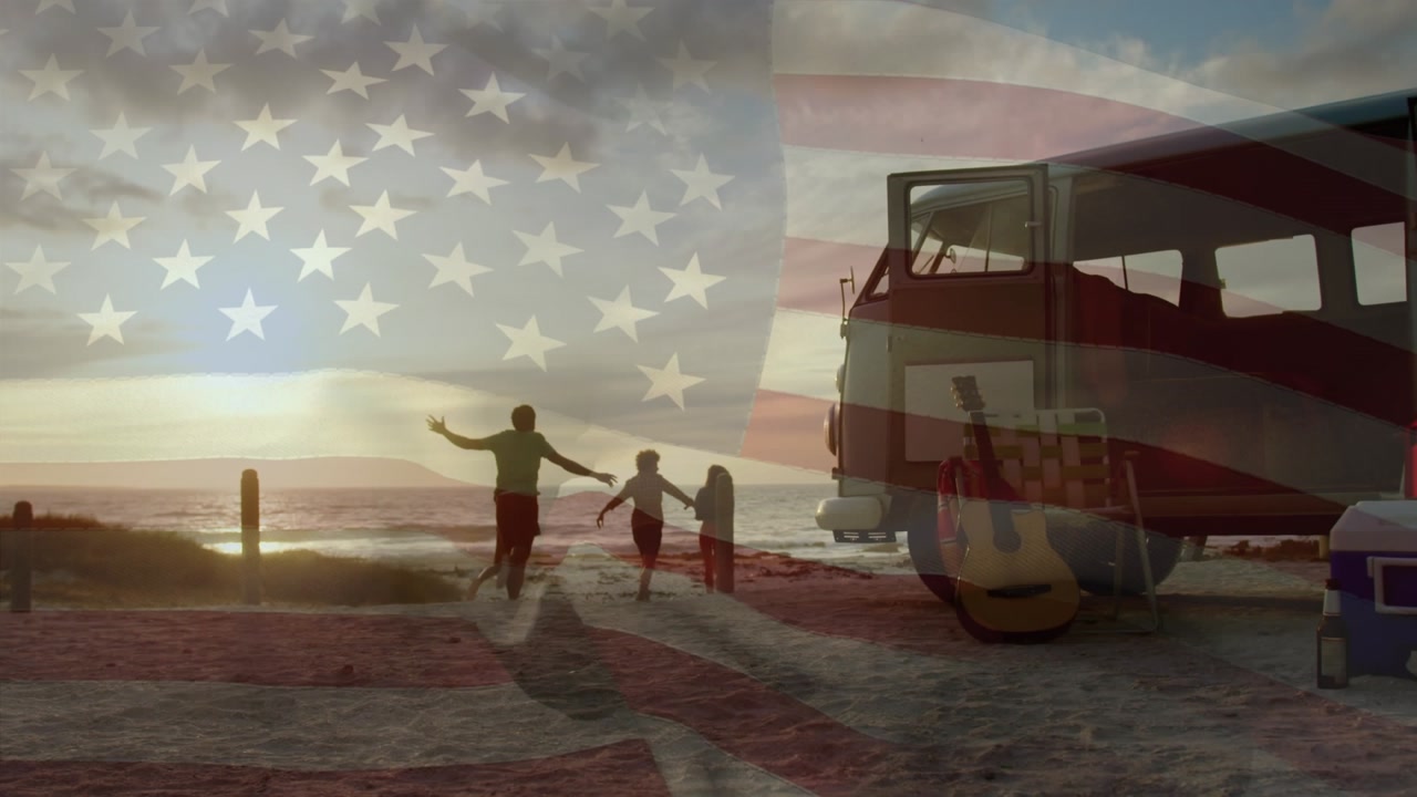 Animation of stars over african american woman raising hands at beach