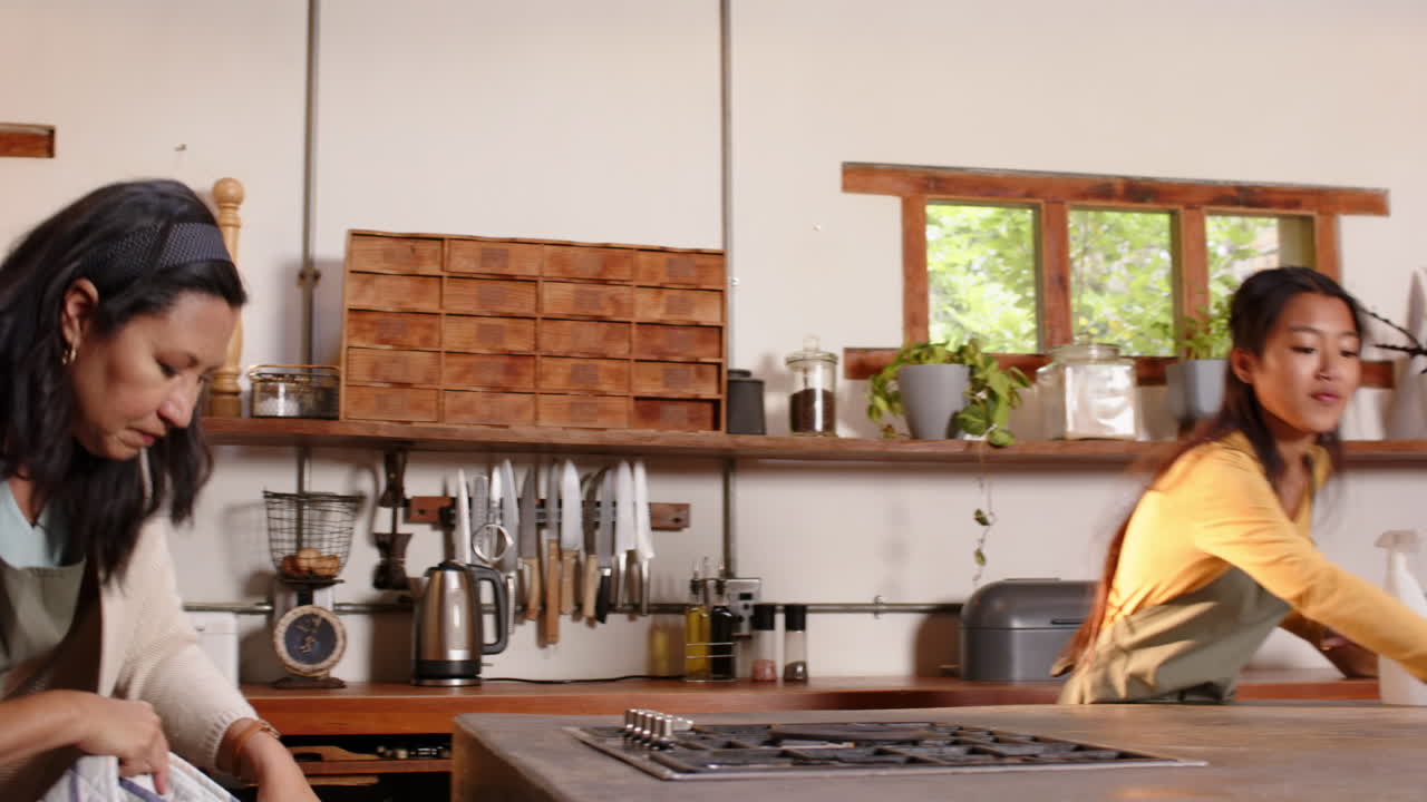 Multiracial grandmother and young woman preparing meal in kitchen, sharing joyful moments, at home