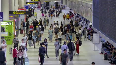 busy airport terminal: crowds of travelers walking through departure area