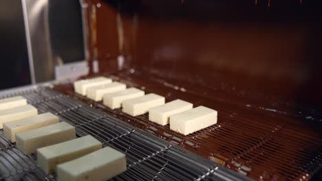 white candies move on the conveyor line to the flow of chocolate. manufacture of chocolate candies at the sweets factory. close up.