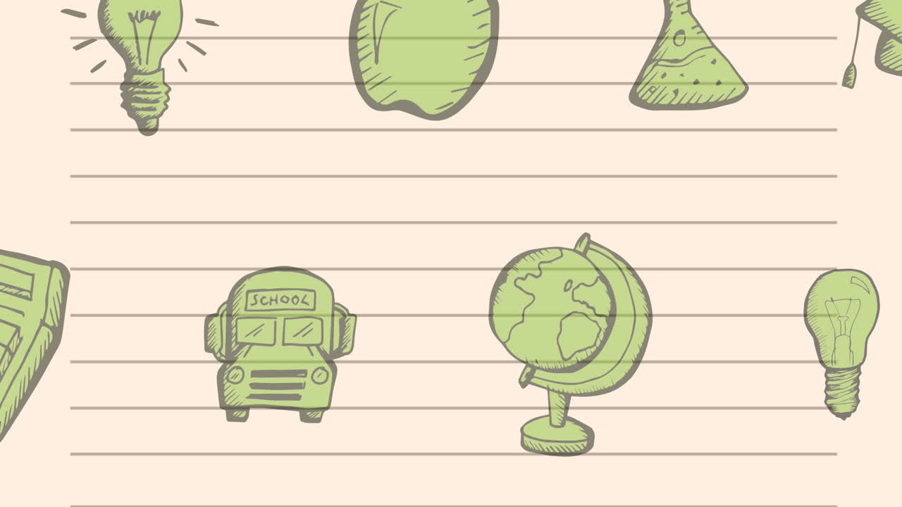 animación de los iconos de los artículos escolares que se mueven sobre un fondo blanco