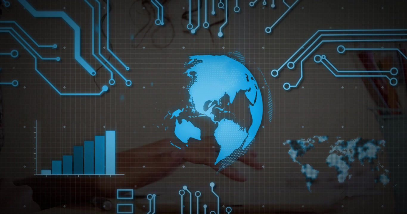 Tech pro hovering hand over keyboard, interacting with glowing globe, bar chart, world map