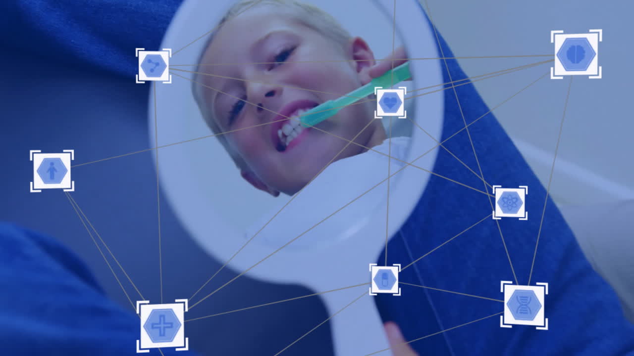 치아를 는 아이, 거울에 반사된 아이, 의료 네트워크 애니메이션