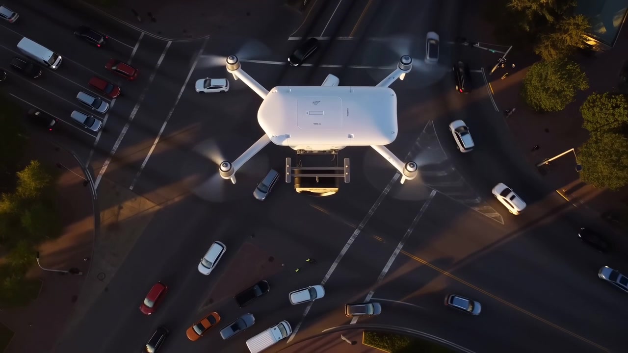 Scena dall'alto che mostra un drone quadricottero bianco sopra un incrocio urbano a più corsie al tramonto, con quattro bracci, alloggiamenti motore rotondi, carrello d'atterraggio, auto parcheggiate, segnaletica stradale, luce calda di contorno