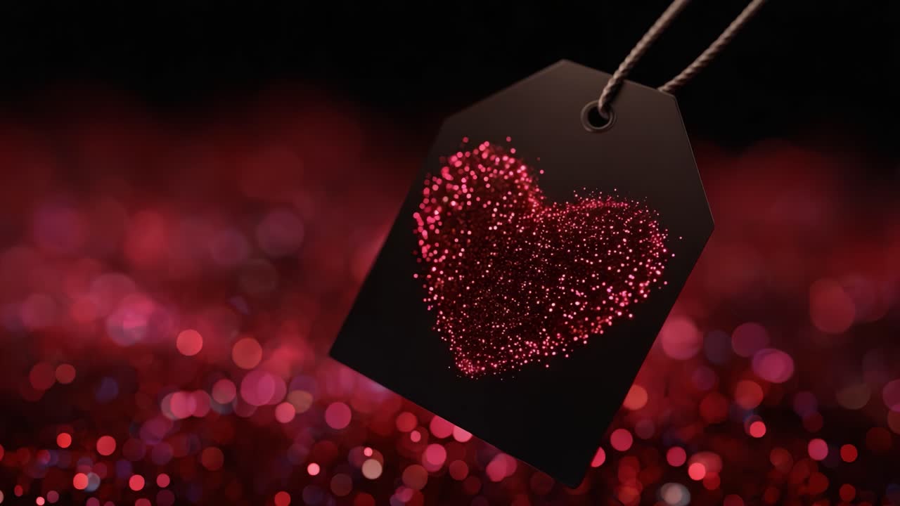 Un tag a forma di cuore scintillante risplende vivacemente con glitter rossi brillanti, catturando l'essenza dell'amore su uno sfondo di incantevoli bagliori bokeh rossi e calore