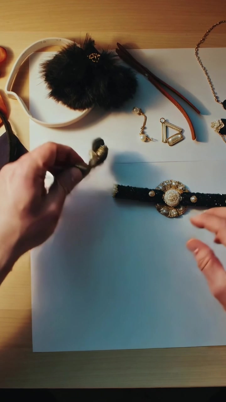 Video verticale: Mani che sistemano un girocollo di paillettes sopra un fiocco su un lenzuolo bianco, centrando la disposizione