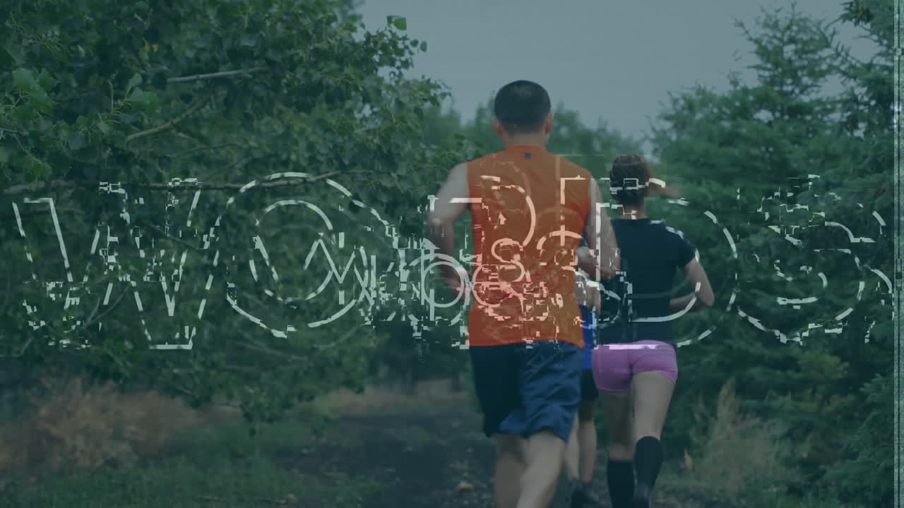 야외에서 달리거나 운동하는 사람들의 그룹을 가로지르는 바이브 텍스트의 애니메이션