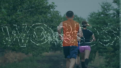 animación de vibraciones texto sobre un grupo de personas corriendo, haciendo ejercicio al aire libre