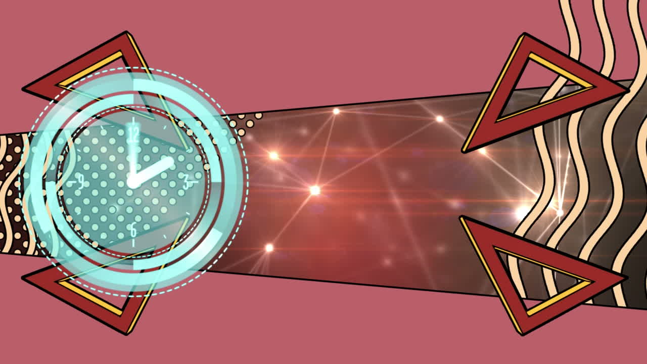 검은색 배경의 연결 네트워크를 통해 움직이는 시계와 다채로운 모양의 애니메이션