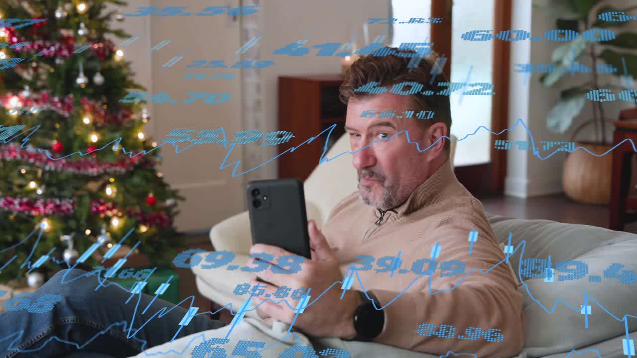 Mature man tapping smartphone activating animated finance graphs, checking stocks, laughing, waving