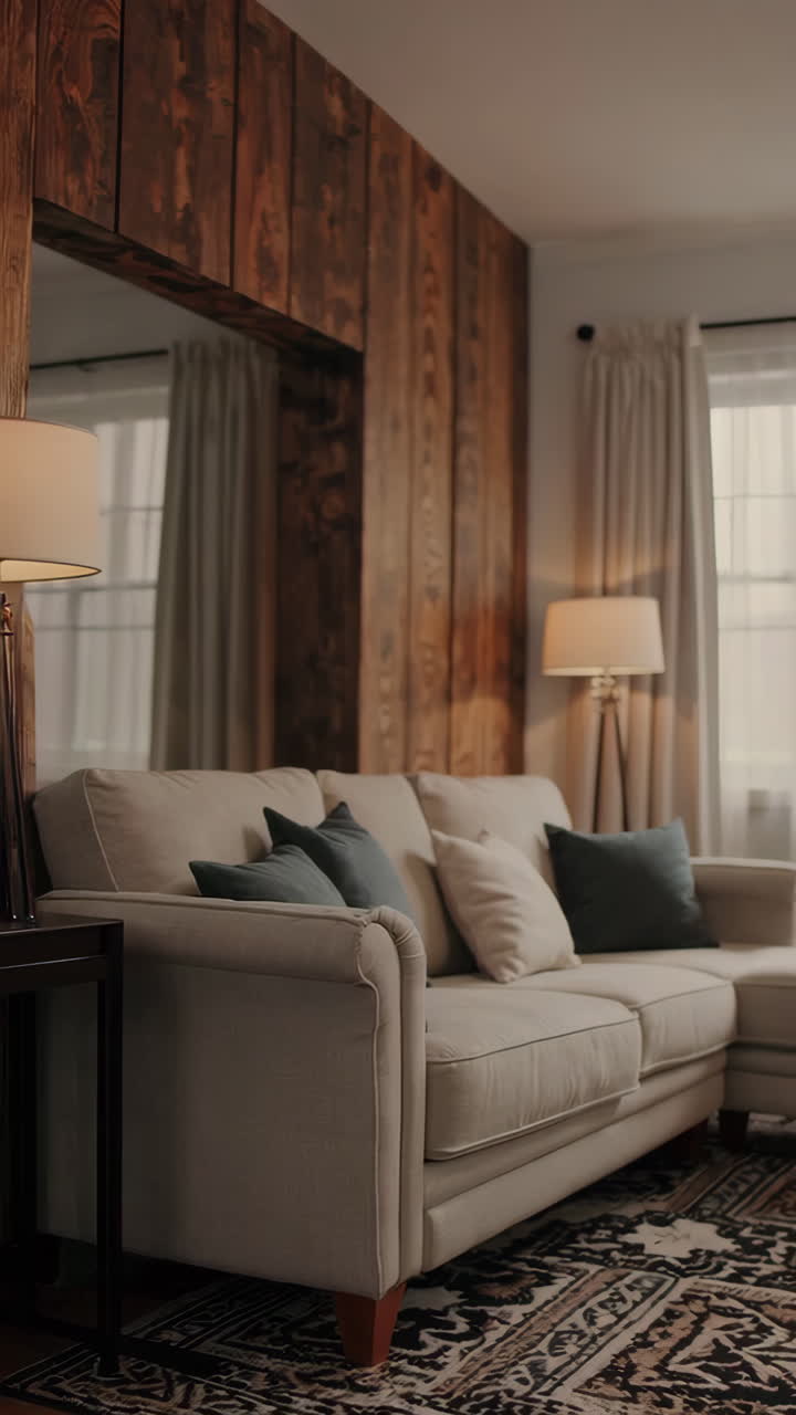 Living room with wooden wall and sectional sofa