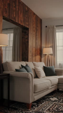 living room with wooden wall and sectional sofa
