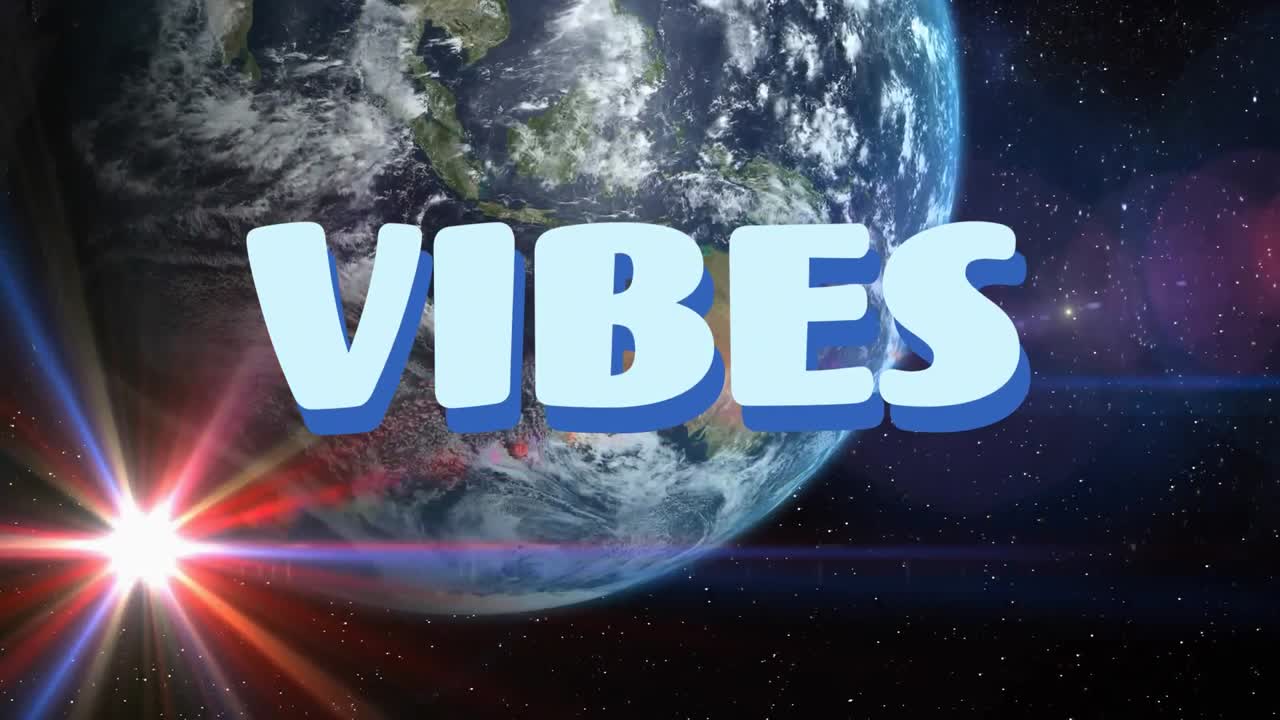Animazione di testo "vibes" in lettere blu sulla Terra e nell'universo