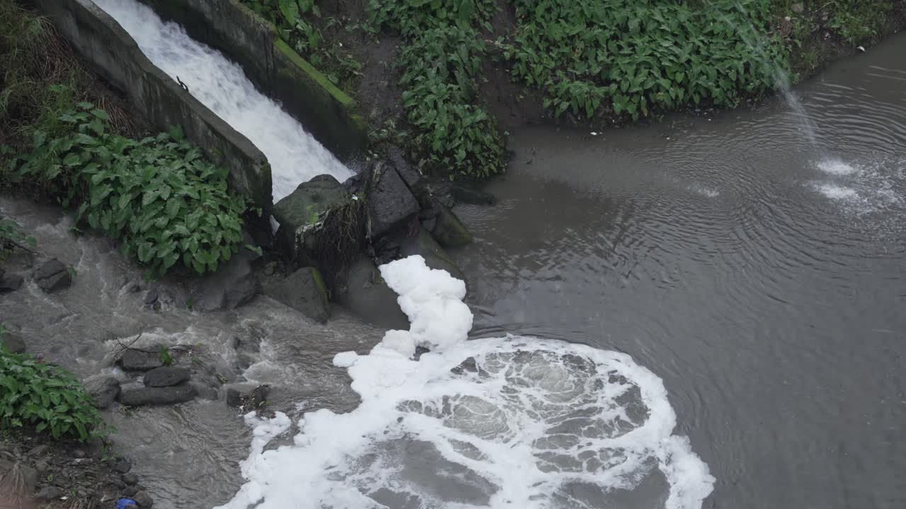 Sewerage releasing toxic untreated sewage and industrial wastewater in Godavari River, Water pollution foam is sign of severe pollution, Nashik, Maharashtra