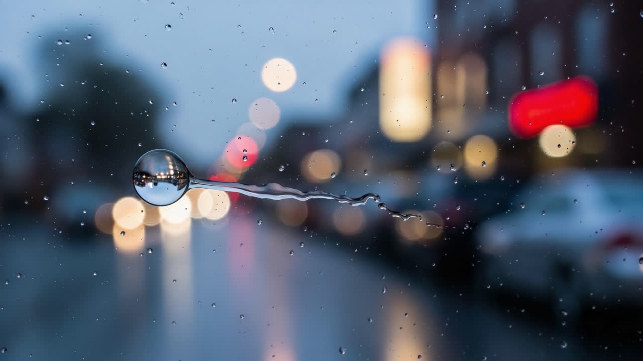 Captivating Reflection of a Blurred Urban Scene Through a Water Droplet on Glass Amidst Rainy Weather, Evoking a Sense of Calm in the Chaos of City Life