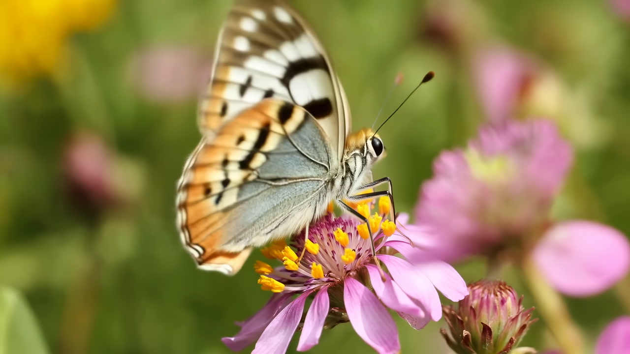 Butterfly On Pink Flower Feeding Nectar, Macro Closeup Capturing Delicate Wings, Striped Pattern And Antennae