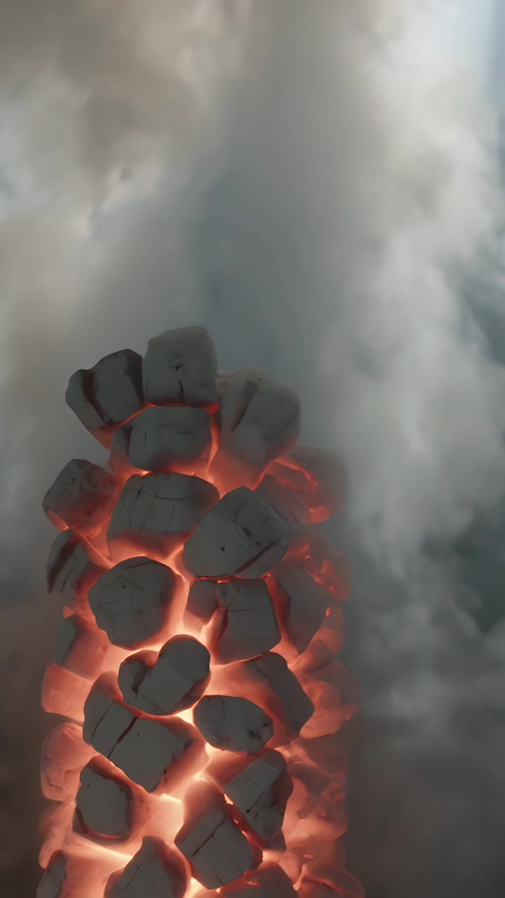 Video verticale: Braci ardenti che fanno scintille sulle bricchette e mandano fumo verso il cielo all'aperto vicino a un fuoco.
