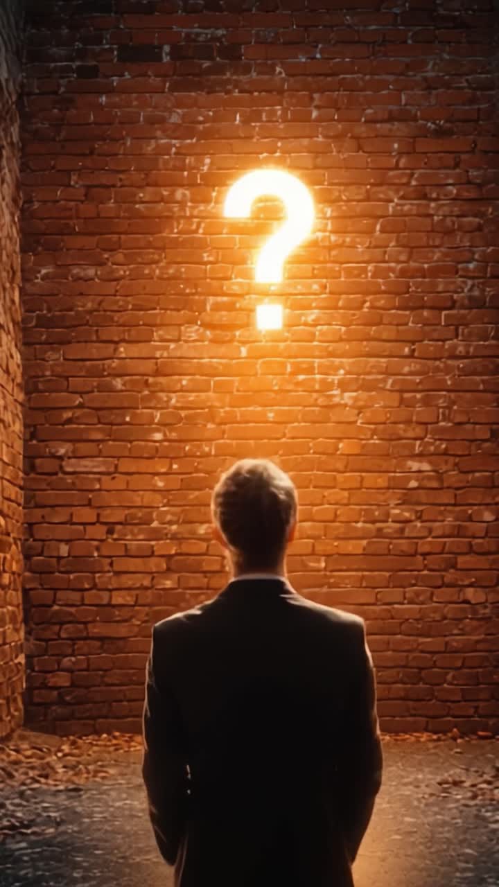 Un momento contemplativo: Uomo in abito sta davanti a un muro di mattoni con un punto interrogativo illuminato, che simboleggia ricerca, incertezza e la ricerca della comprensione.