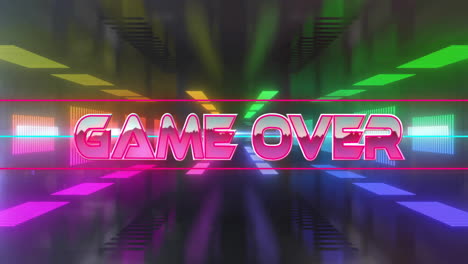 game over text animation with colorful neon lights in background