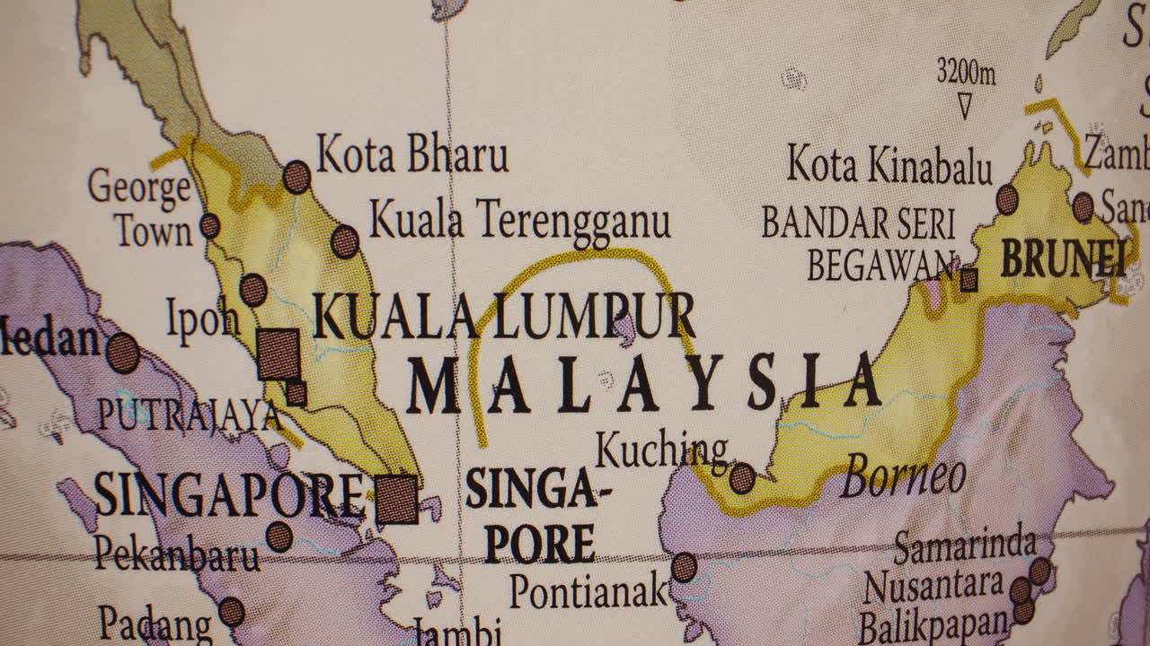 Close-up of a map showing Malaysia, Singapore, and Brunei