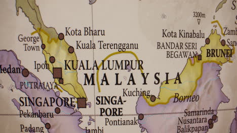 close-up of a map showing malaysia, singapore, and brunei