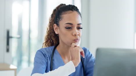 Thinking-doctor,-laptop-or-woman-reading-online