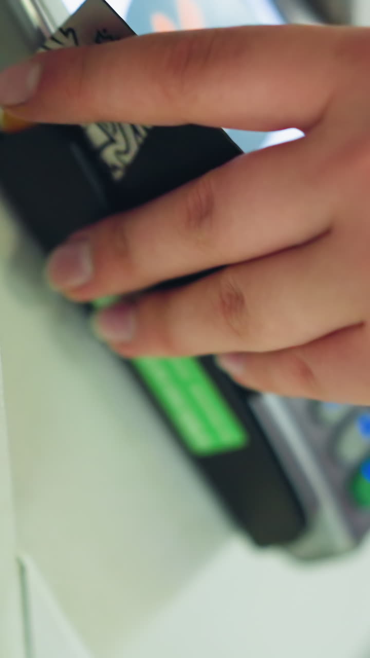 dama con una camisa rosa con una cadena de muñeca inserta su tarjeta negra en un cajero automático blanco para completar una transacción de pago, mientras que otros cajeros automáticos están borrosos en el fondo