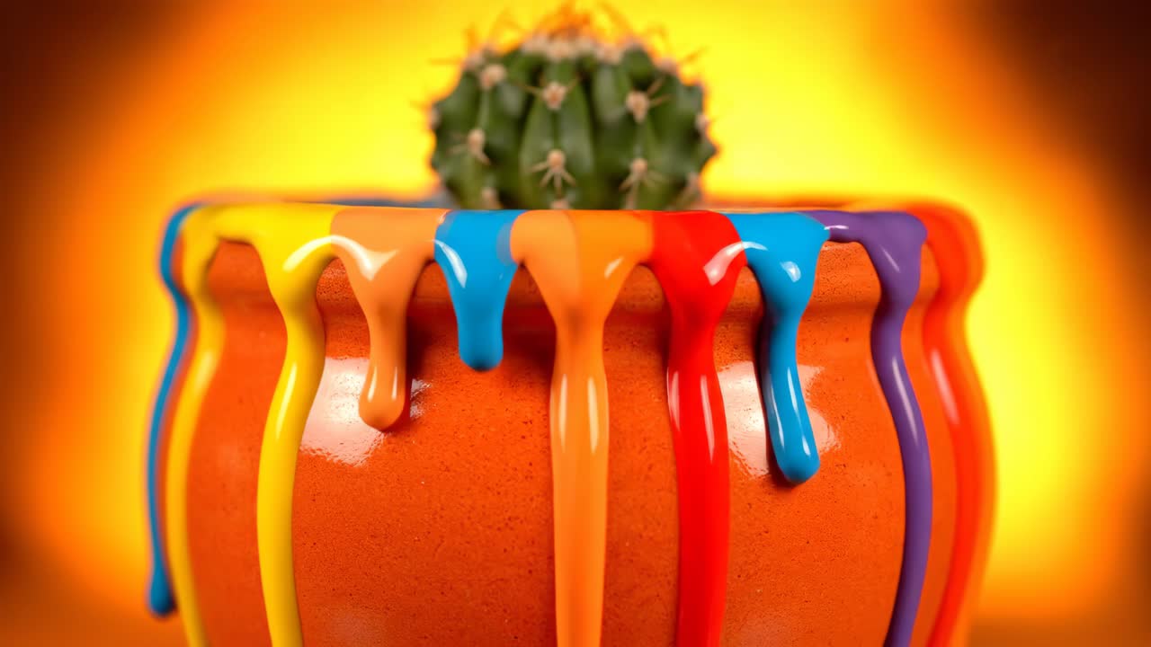Cactus in a Pot with Dripping Paint