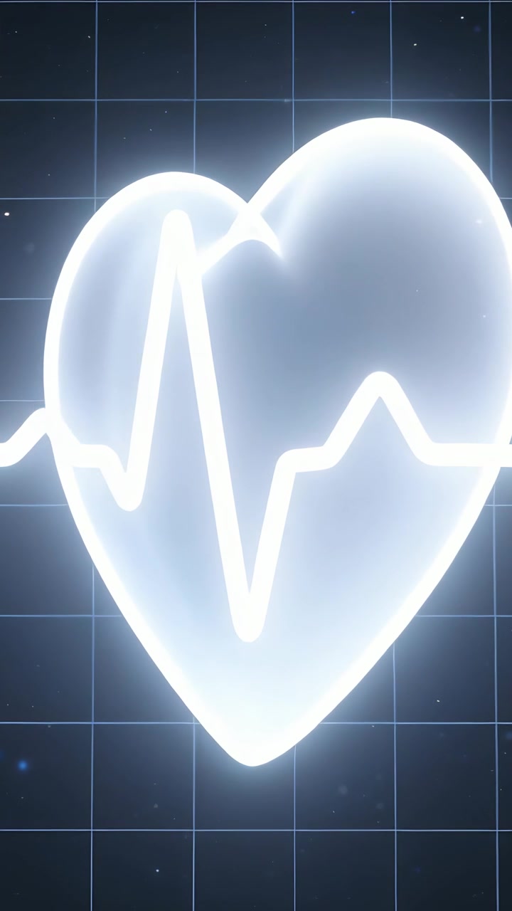 Video verticale: Cuore pulsante che risponde a un picco di forma d'onda ECG, ruotando e stabilizzandosi su una griglia HUD.