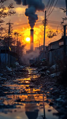 industrial sunset reflecting on a polluted waterway in an urban area