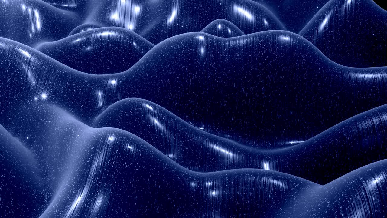 Stylish festive black bg. Fantastical abstract looped background, waves move on glossy surface like landscape made of liquid blue wax with sparkles. Beautiful soft background with smooth animation 4k