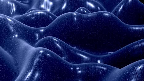 stylish festive black bg. fantastical abstract looped background, waves move on glossy surface like landscape made of liquid blue wax with sparkles. beautiful soft background with smooth animation 4k